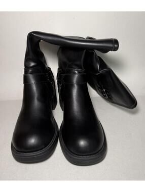 Mid Calf Boots Buckle Adjustable Slip On 2 inch heel Black